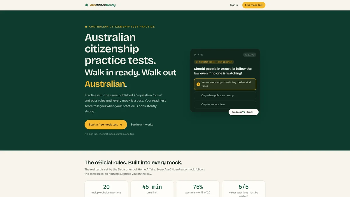 AusCitizenReady public homepage with a free mock test entry point and an example practice question.
