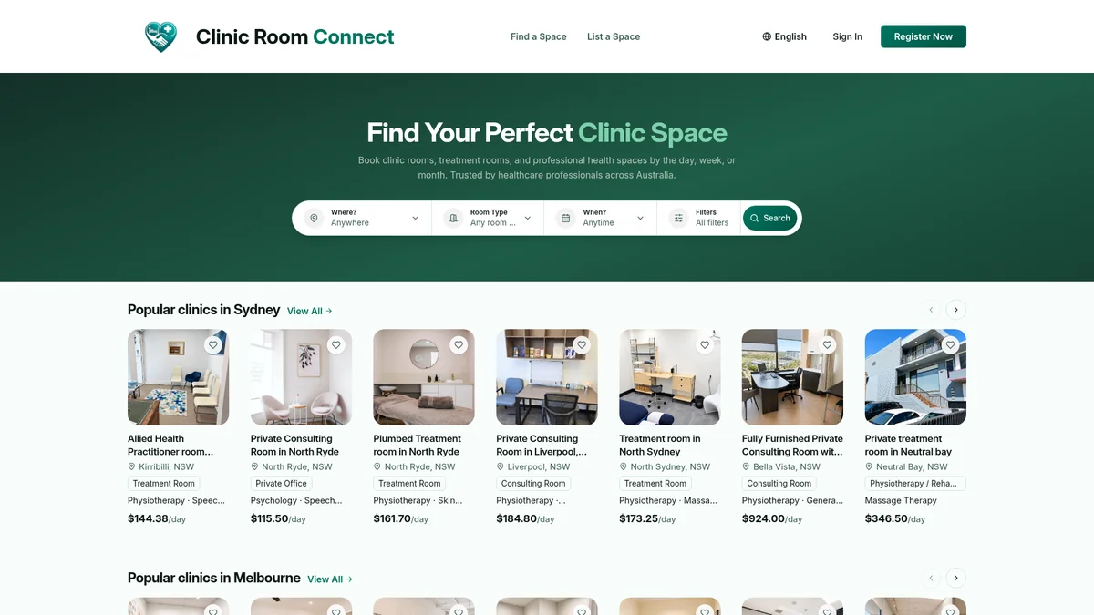 Clinic Room Connect public homepage with location, room type and date search controls above clinic space listings.